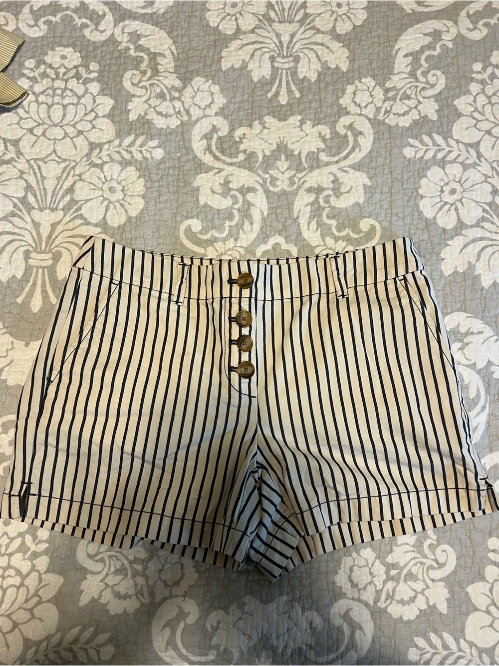LOFT Cream Shorts with Black Pinstripes and Button-Front